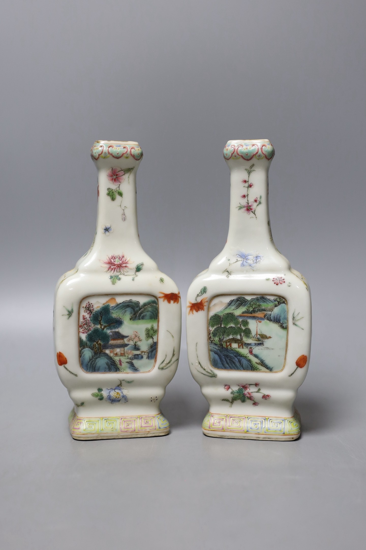 A pair of Chinese famille rose bottle vases, Qianlong marks, Republic period, 19cm tall